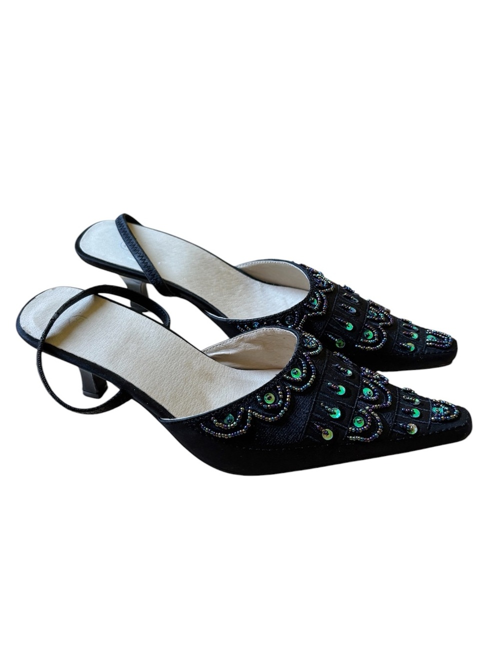 Vintage Y2K Sequin Beaded Pointed Toe Slingback Kitten Heels 6